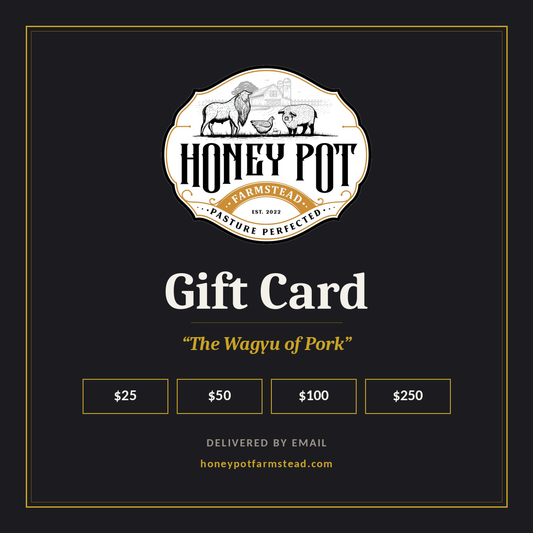 Honey Pot Farmstead gift card in 25, 50, 100, and 250 dollar amounts, delivered by email